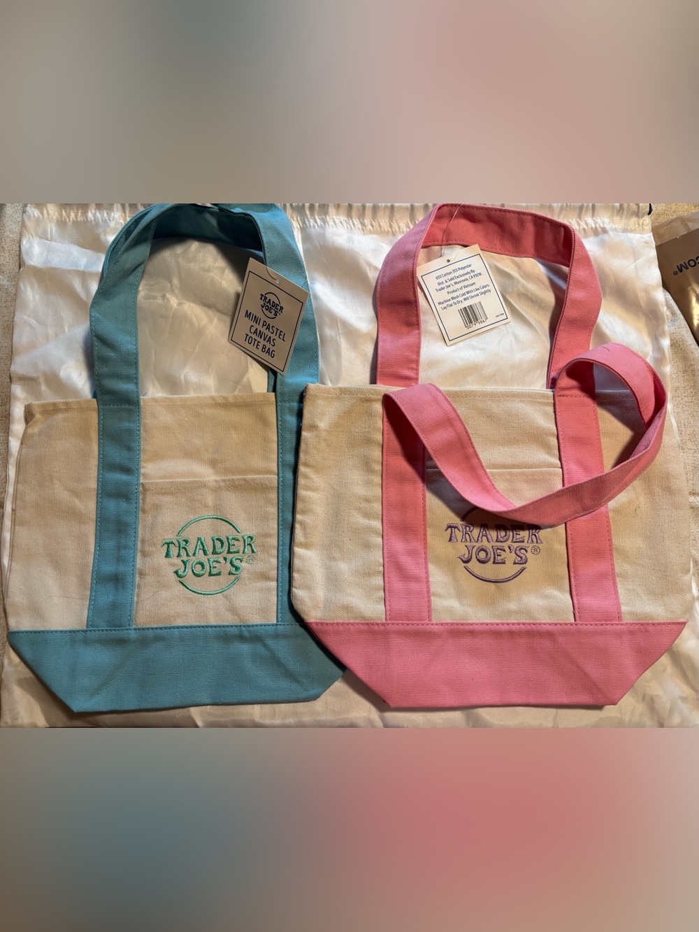 A Set of Two (Blue and Punk) Trader Joe's Mini-Pastel Canvas Tote Bags